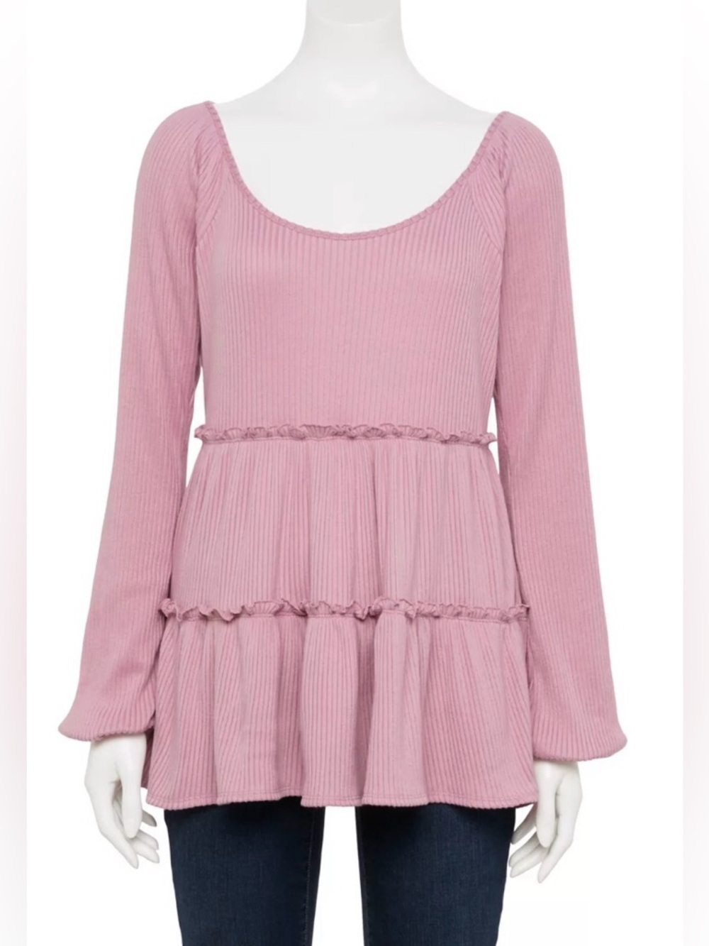 LC LAUREN CONRAD Top Cozy Tunic Scoop Neck Long Sleeve Tiered in Baby Rose